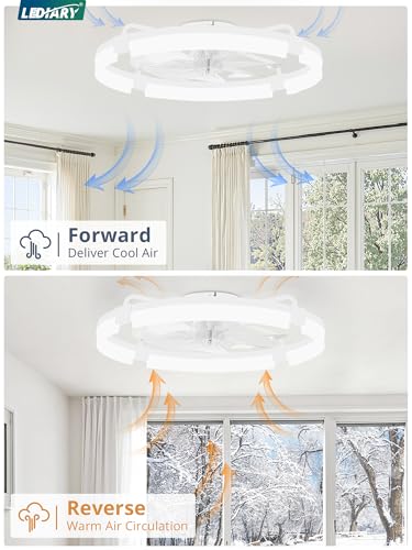 Image of LEDIARY 24 inch Ceiling Fans with Lights and Remote, Modern Low Profile Ceiling Fan, 3 CCT, Stepless Dimmable, Fandelier Flush Mount Fan Light, 6 Speeds, DC Motor, App & Remote Control for Bedroom(White)
