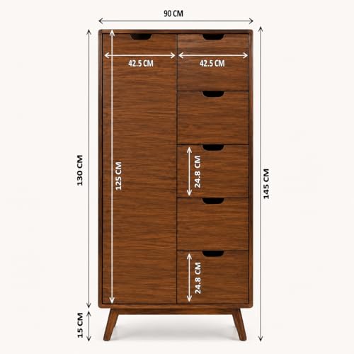 Image of Solid Sheesham Wood Tall Storage Cabinet with Drawers & Door | Wooden Multipurpose Organizer Cabinet for Bedroom Living Room Hallway | Mid Century Style Wardrobe Chest Storage Unit
