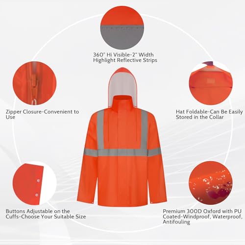 Image of TCCFCCT High Visibility Rain Gear for Men Waterproof High Vis Rain Jacket, Class 3 Hi Vis Rain Coat for Men with Hood, Lightweight Rain Suits for Mens Outdoor Activities, 4XL-5XL Orange NP