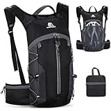 Outplea Faltbarer Fahrradrucksack Kleiner mit Helmnetz, MTB Rucksack Herren & Damen, Ultraleicht Wanderrucksack für Laufen Radfahren Skifahren, Schwarz