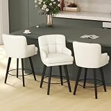 SAECKBERG 360°Swivel Counter Height Bar Stools with Back, 26 inch Solid Wood Legs, Bar Stool Modern Kitchen Island Chairs, Faux Leather (Beige- Faux Leather, 26' H- Set of 3)