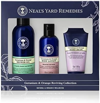 Neal's Yard Remedies | Uplifting Geranium & Orange Collection | Gift Set for Women | Reviving Essential Oils | Body Lotion, Shower Gel & Hand Cream | Pack of 3