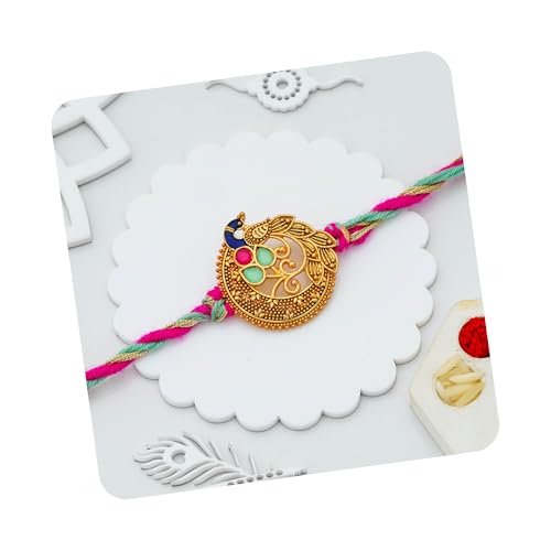 Image of eCraftIndia Peacock Designer Rakhi for Brother with Roli Chawal Pack | Mor Pankh Rakhi for Bhaiya Bhai