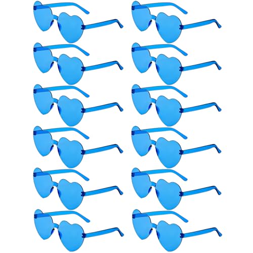 LYMOJOR 12 Pairs Blue Heart Sunglasses for Women Candy Color Rimless Fun Heart Glasses for Women Party Favors