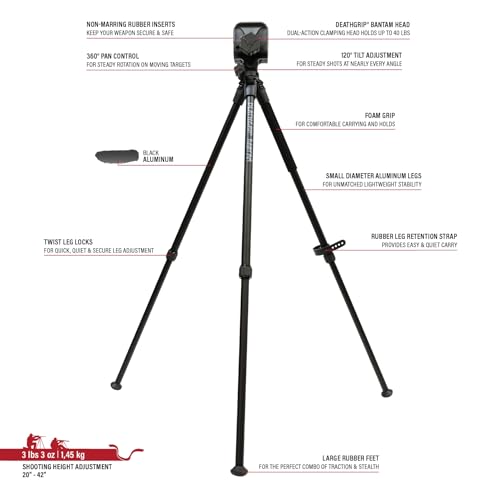 Image of BOG DeathGrip Bantam Hunting Tripod, 20 inch-42 inch, Gun Clamp, Sitting Height