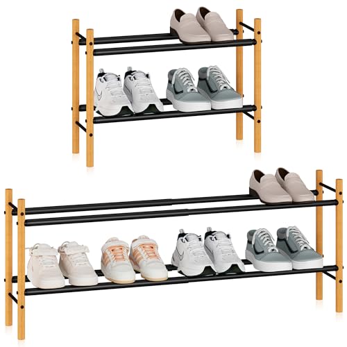 STORAGE MANIAC Expandable Shoe Rack, 8 Pairs Stackable Small Shoe Rack, Metal Adjustable Shoes Organizer for Closet, Entryway, Hallway, Garage, Front Door, Shoes Shelves, Bamboo 2 Tier