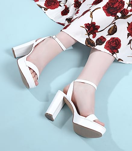 Image of Ankis Platform Heels for Women 4 Inches Chunky Heels Sandals for Women Comfy Open Toe Block Heeled Sandals Nude White Silver Gold Black Ankle Strappy Heels
