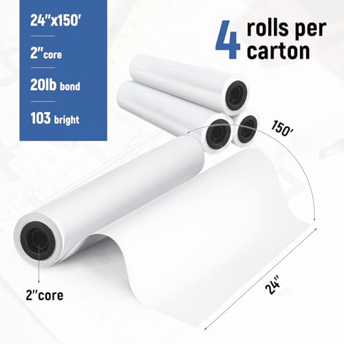 Papel de plotter 61 cm x 380 cm de largura, 4 rolos, rolos de papel CAD Goefun Blueprint, papel de 9