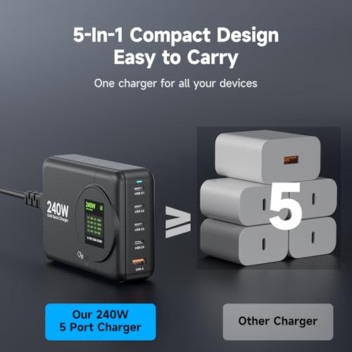 240W GaN Charger, 5-Port USB C Charger with 140W Max PD 3.1 Port, LED Display Desktop Charging Station Adapter for MacBook Pro/Air M3/M2/M1, Laptops, iPhone 17/16, Galaxy S24/S23, iPad, Steam Deck — view 4