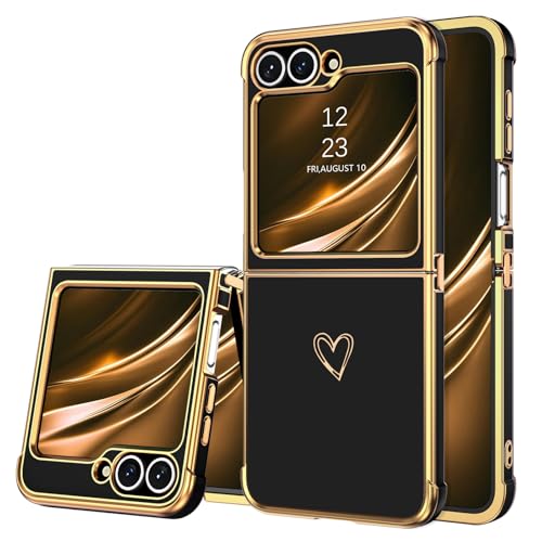 BENTOBEN for Samsung Galaxy Z Flip 6 5G Case, Cute Heart Luxury Gold Plating Slim Flexible TPU Bumper Protective Galaxy Z Flip6 Cover, Women Girls Phone Case for Samsung Z Flip 6 6.7'',Black