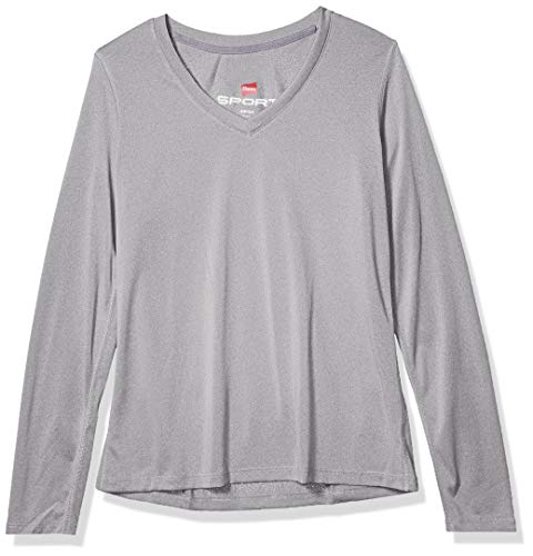 Hanes Women's Sport Cool Dri Performance Long Sleeve V-Neck Tee, Granite Heather, Large