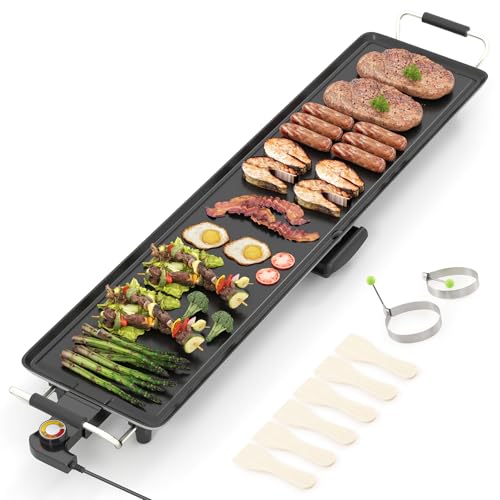 TANGZON Electric Teppanyaki Grill, 1800W Non-Stick Barbecue Grill with Adjustable Temperature, 6 Spatulas & 2 Egg Rings, Table Top BBQ Hot Plate Griddle (105x24cm, Die-casting Aluminum)
