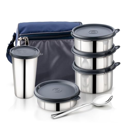 Image of Pigeon Vibe Stainless Steel Lunch Carrier Set of 4 Containers (250ml, 350ml x2 & 500ml) with Leak Proof Lid | Insulated Lunch Bag + Glass with Lid Included | Large Office Tiffin Box