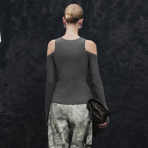 Image of URBAN REVIVO Women Cold Shoulder Sweater Cardigan Long Sleeve V Neck Zip Up Knitted Sweaters Top Fall Winter