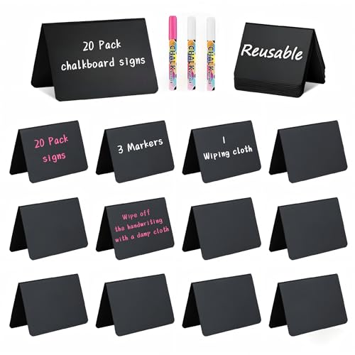 Mini Chalkboard Signs, Buffet Food Labels, 20pcs Reusable, Easy to Write Erase PVC, Double-Sided V-Shaped 4"×2.7", 3 Markers 1 Wiping Cloth, Durable for Party Buffet Wedding Bakery Restaurant