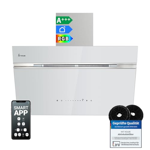 KKT KOLBE A+++ Campana extractora de 80 cm 782 cbm/h, recirculación, sin cabeza, campana de pared | cristal blanco plateado | automático | aplicación WiFi inteligente | SensorTouch | iluminación LED