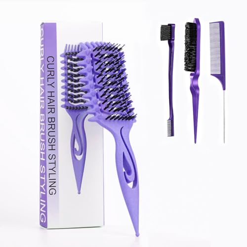 Image of Curly Hair Defining Brush: Shaping & Defining Curls with 3 pcs Slick Back Brushes for Wet & Dry Hair Frizz Reduction - Ergonomic Handle for Women and Men 2026 New (Purple)