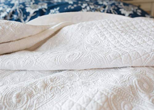 Brandream White Quilted Comforter Set Cotton Queen Size Shabby Farmhouse Quilt Set Matelasse Coverlet Set 3-Piece #TOP14