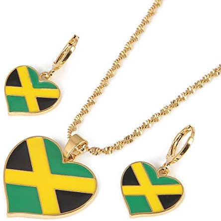 Heart Enamel Jamaica Pendant Necklaces Jewellery Gold Color Jewelry Jamaican Flag Jewelry (Pendant with Earring Set)
