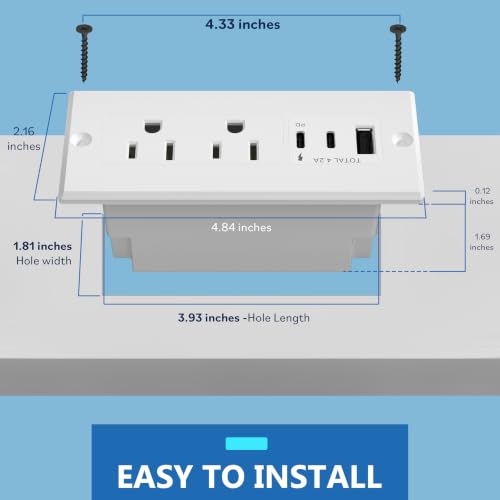 LIDER Slim Recessed Desk Power Outlet with 2 AC Outlets, 3 USB Ports (USB-A & Dual USB-C), 21W Charging, 6.5FT Cord for Desk, Conference Table & Countertop, ETL Listed, Thermoplastic, Matte White by LIDER - Used condition - Image 6