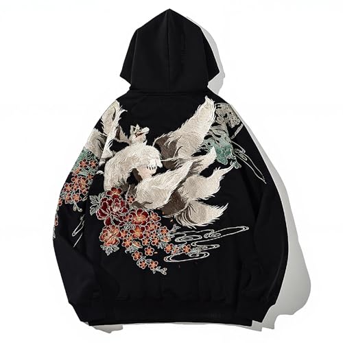 HaiZi XiHuan Mens Nine Tailed Fox Embroidered Hoodie Japanese Anime Hoodies Streetwear Black Hoodie Men Fashion Casual Hoodie, Black, Medium