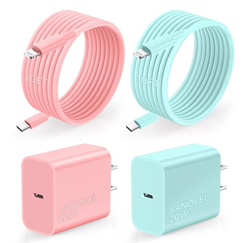 Compatible with iPhone Charger Fast Charging,2Pack USB Wall Charger with 10ft Liightning Cable, for Phone Cable Fast Charging Compatible with Phone 14/13/12/11 Pro Max/Max/Pad -Pink/Green