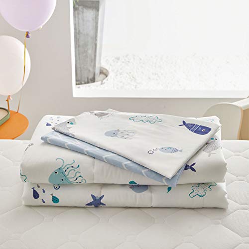 Joyreap 4 Piece Cotton Toddler Bedding Set for Kids Boys n Girls, Ocean Style Starfish Whale Crab Printed, Includes Quilted Comforter, Fitted Sheet, Top Sheet, and Pillow Case