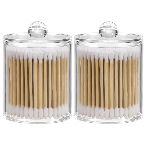HFZRZFH Q Tip Holder for Bathroom, 2-Pack Clear Plastic Apothecary Jars with Lids Set - Cotton Round Holder & Qtip Dispenser for Vanity Organizers and Storage Canisters