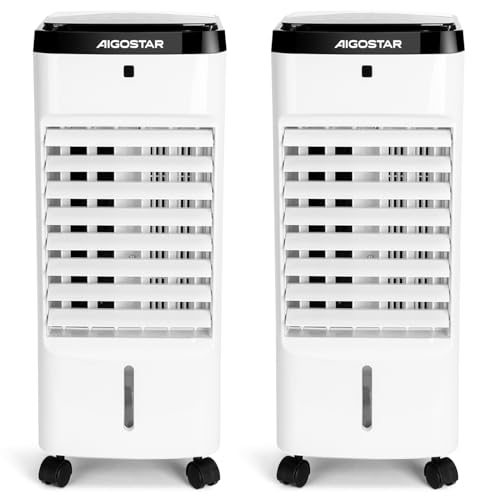 Aigostar Climatizador Evaporativo 4 en 1, con Mando a Distancia, 3 Modos y 3 Velocidades, Climatizador Portatil con Ventilador Humidificador Purificador, Temporizador 12 Horas, 3.5 L, 2 Unidades