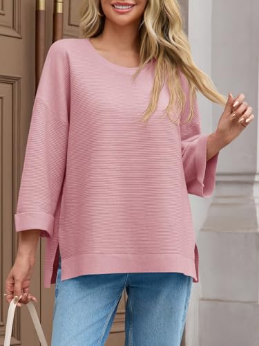 Tankaneo Women's Oversized Sweaters Casual 3/4 Long Sleeve Crewneck Ribbed Knit Split Tunics Fall Loose Pullover Tops2