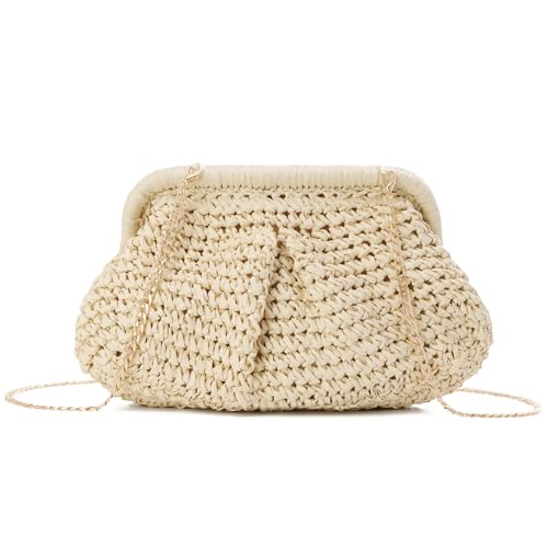 Imagen de EVEOUT Clutch de Paja Mujer Bolso Nube de Boda Fiesta Paja con Cadena Bolsos bandolera Tejido para Vacaciones Playa