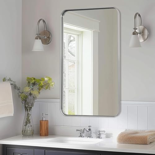 ANDY STAR Brushed Nickel Bathroom Mirror, 24”x40” Rounded Corner Rectangle
