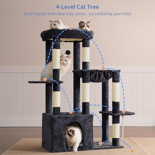 Heybly Heavy Duty Cat Tree, Tower for Indoor Cats large adult, Tall Cat Condo House with Extra-Large Baseboard, Multi-Level Plush Furniture with Scratching Posts, Hammock,Toy Balls, Smoky Grey HCT026G - Image 2
