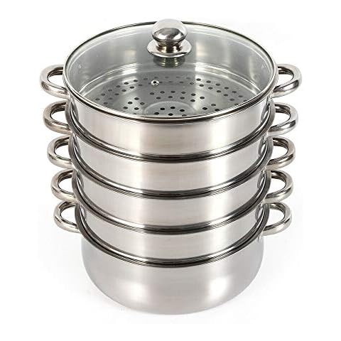 TIXBYGO Stainless Steel Organic Steam Cooker with Glass Cover, 5-Layer Steam Cooker, Stackable Stainless Steel Steam Cooker, Garden Steam Pot for Electric and Gas Stove, Cooking Pot, Steamer, 28 cm Cover