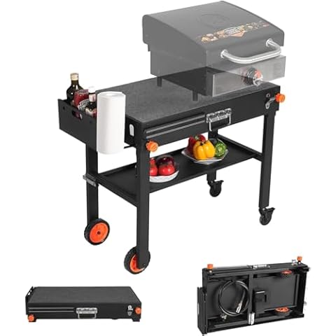 Outdoor Grill Table - Grill Cart Solid and Sturdy, Blackstone Griddle Stand for 17"/22" Griddle, Ninja Grill Stand Large Space, Pizza Oven Stand with Paper Towel Holder, for Tailgating, Camping, RV Cover
