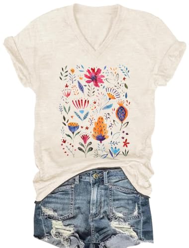 Vintage Boho Tops for Women V-Neck Flowers Shirt Spring Graphic Tees Floral Print Summer Casual Short Sleeve Tshirt Top (Apricot8, XL)