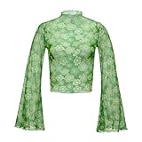 Durio Bell Sleeve Tops for Women Sheer Mesh Long Sleeve Green Tops for Women Green Crop Top Womens Floral Top Mock Neck Sleeve Top T Shirt 70s Disco Outfit Large