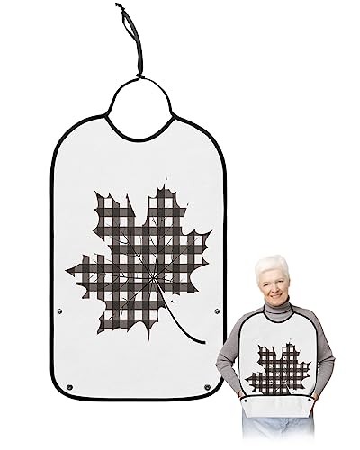 LEOKOTI Thanksgiving Maple Leaf Adult Bibs for Eating, Waterproof Bibs with Food Catcher & Adjustable Snap Closure, Black and White Plaid Washable Clothing Protectors Adult Bibs for Elderly Women/Men
