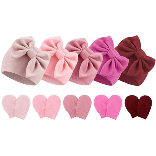 Image of Newborn Baby Hats and Mittens Set Infant Bow Beanie Cap Toddler Gloves Newborn Hospital Hats for Baby Boy Girl 0-6 Months