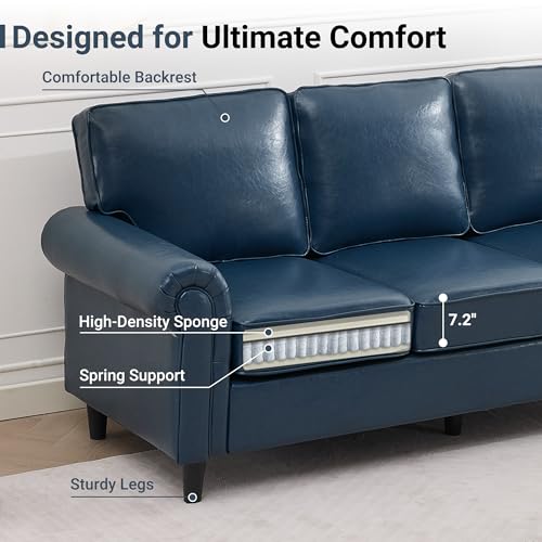 Image of Kingfun Faux Leather 3 Seater Couch, Mid Century Modern Sofa with Rolled Arms and Deep Seats, Fluffy Comfort for Living Room, Apartment, Easy Assembly, Blue
