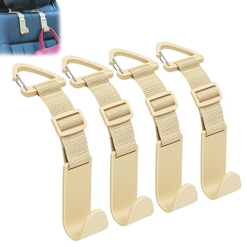 Image of Amooca 4 Pack Anti-drop Headrest Hooks Adjustable Car Seat Organizer | Universal Fit with Clip, Hanger for Backpack Umbrella Water Bottle Coat Purses Handbags Groceries, 40lb Heavy Duty, Beige