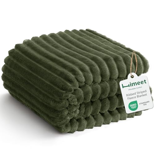 HIMEET Olive Green Throw XL Blanket, 300GSM Ribbed Fleece, 50 x 70 Inches