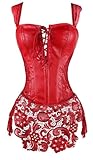 ADELCE Women's Steampunk Gothic Faux Leather Wetlook Bustier Corset with Lace Skirt Basque Party Dress Red 6XL