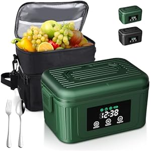 Cordless Electric Lunch Box for Adults, 1.4L Heated Lunch Box for Men with Smart Meal Scheduling & Auto Keep Warm, Portable Food Warmer for Car with Insulated Bag, Ice Pack (Brewster Green)