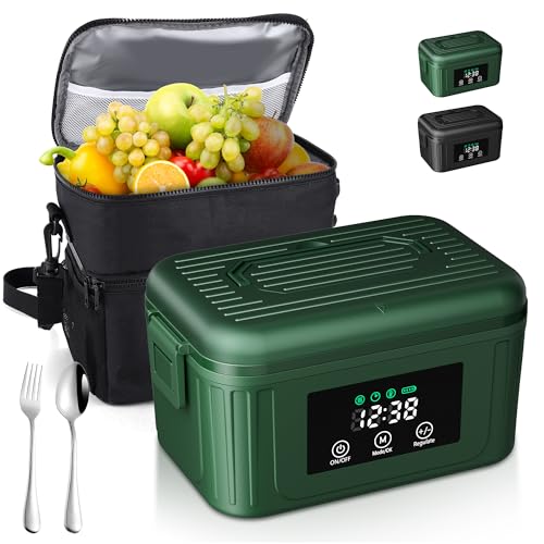 Cordless Electric Lunch Box for Adults, 1.4L Heated Lunch Box for Men with Smart Meal Scheduling & Auto Keep Warm, Portable Food Warmer for Car with Insulated Bag, Ice Pack (Brewster Green)