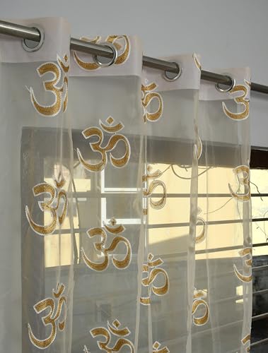 Galaxy Home Decor Premium Om Embroidery Sheer Net Curtain for Long Door 10 Feet | Spiritual Mandir Temple Decor | Pack of 1, Cream