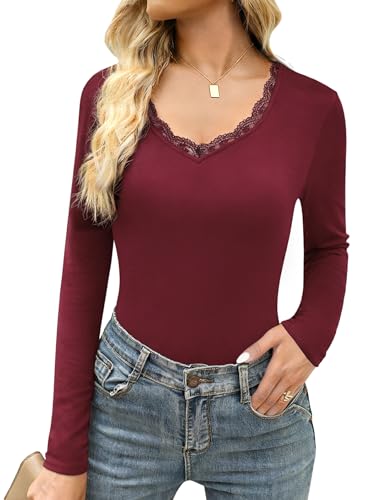 Crewhpo Camisetas Manga Larga Mujer Camiseta Térmica Invierno con Encaje Cuello en V Elegante Blusas T Shirts Básica Ropa Interior Tops