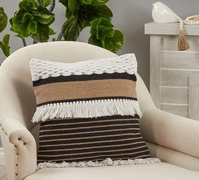 Fennco Styles Woven Fringe Braided Cotton Decorative Throw Pillow 20" W x 20" L - Black & White Textured Cushion for Home, Couch, Bedroom, Living Room, Office and Boho Décor