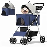 MoNiBloom 3 in 1 Foldable Pet Stroller for Small & Medium Dogs, Detachable Carrier, Car Seat, Push Button Entry, 4-Wheel Jogger for Pets up to 33 lbs, Navy Blue