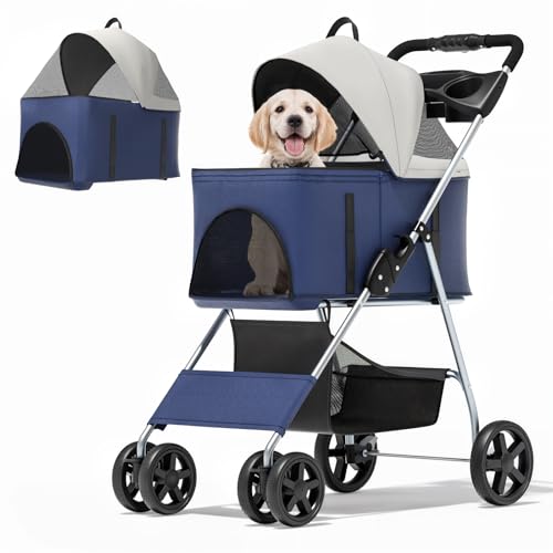 MoNiBloom 3 in 1 Foldable Pet Stroller for Small & Medium Dogs, Detachable Carrier, Car Seat, Push Button Entry, 4-Wheel Jogger for Pets up to 33 lbs, Navy Blue